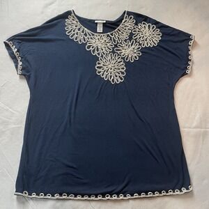 CATHERINES Top Plus Size 0X Blue Embroidered Stretchy Summer Spring Popover